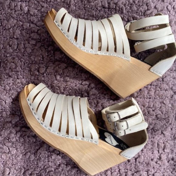 SWEDISH HASBEENS H&M WHITE LEATHER WOOD PLATFORMS - Picture 2 of 12